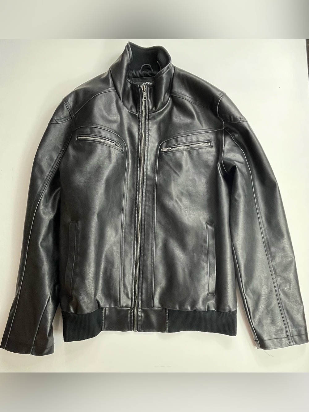 Vince Camuto Men’s Faux Leather Bomber Jacket Coat Black Multi Pockets SzXL